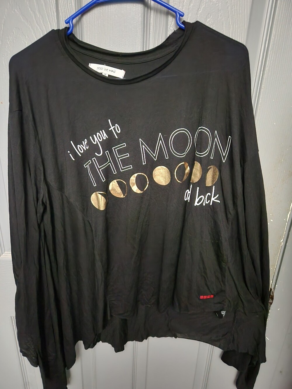 Peace Love World Black Long-Sleeve Tee with Gold Moon Phase Graphic